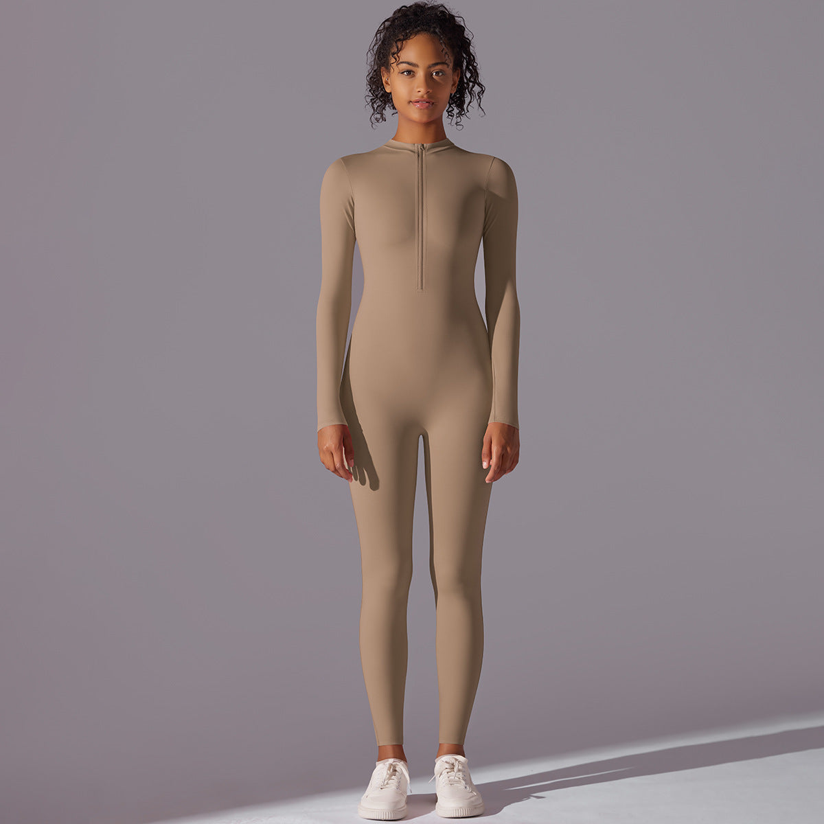 Women's New Solid Color High Elastic Half-open Zipper Jumpsuit Sports Running Fitness Long-sleeved Yoga Clothes
